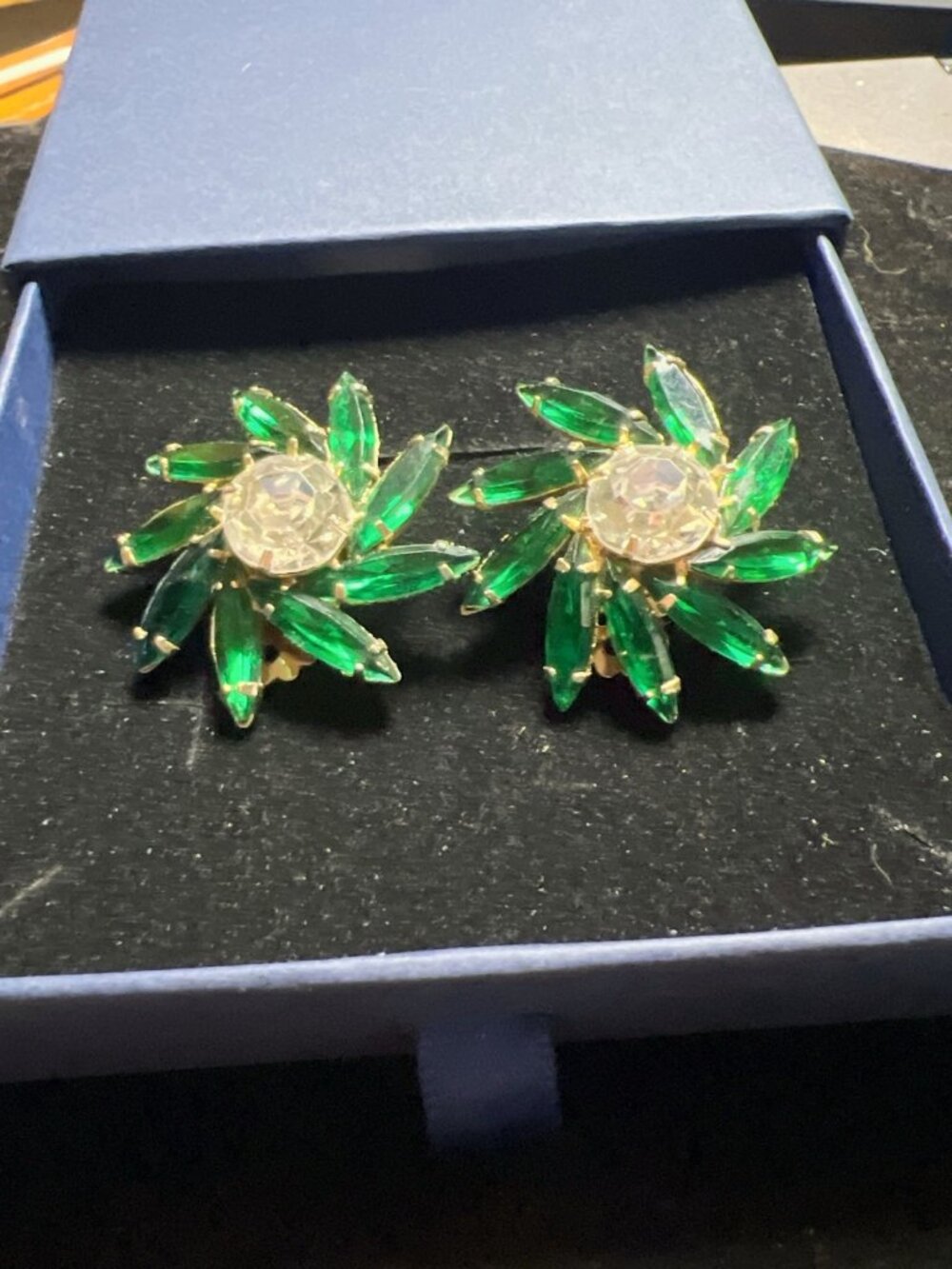Vintage Clip-On Earrings Green & Clear Rhinestone Floral Design Gold Tone Costum